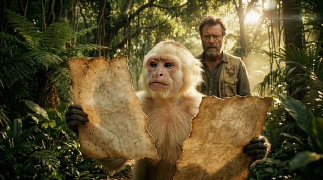 The picture the person uploaded: a white-faced monkey holding a torn map in a jungle, a bearded explorer behind it.