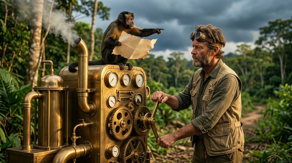 The sketch made from it: the monkey on a brass steam machine pointing ahead, the explorer turning its crank.